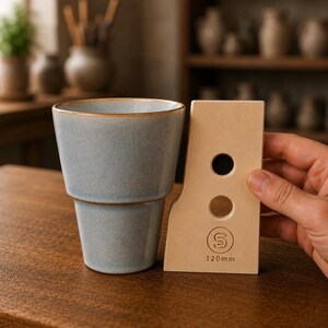 May include: A light blue ceramic cup with a speckled finish and a brown rim, positioned next to a beige measuring tool featuring two circular cutouts, a circular logo with the letter S, and the printed text 120mm for size reference.