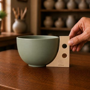 May include: A matte sage green ceramic bowl featuring a light beige, triangular-shaped handle attachment with two circular cutouts. The handle is marked with a circular logo containing the letter S and the text 100mm at the base.