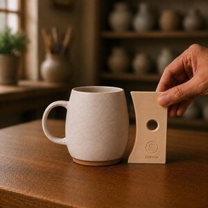 May include: A light beige ceramic mug with a smooth finish and a handle, positioned next to a light-colored, rectangular pottery rib tool that features a circular cutout, an S logo, and the printed measurement of 100mm on its surface.