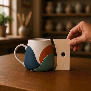 May include: A ceramic mug with a matte finish featuring abstract curved shapes in navy blue, burnt orange, and teal against a cream background, positioned next to a beige pottery rib tool with a circular cutout and the text 100mm.