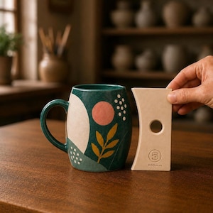 May include: A dark teal ceramic mug featuring a painted design of a pink circle, a yellow leaf sprig, and white dots, positioned next to a beige pottery rib tool with a circular cutout and the text 100mm printed on the lower section.