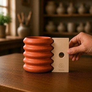 May include: A terracotta-colored ceramic vessel with a ribbed, cylindrical exterior. A beige, rectangular pottery rib tool with a serrated edge, a circular cutout, and the text "100mm" is positioned against the side to show its scale.