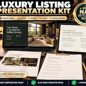 May include: A luxury listing presentation kit featuring a laptop and tablet displaying real estate marketing slides, printed worksheets, and a gold seal stating 2026 NAR Settlement Ready. The kit includes 52 Canva pages, 28 slides, 12 short pages, an 8-page guide, and 4-page worksheets.
