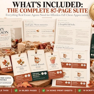 May include: A digital marketing suite for real estate agents featuring 87 Canva pages, 24 editable gift tags, and 18 bonus assets. The collection includes printable sheets, social media templates, and gift pairing guides with fall-themed graphics.