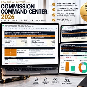 May include: A digital Realtor AI Systems Commission Command Center 2026 spreadsheet displayed on a laptop and tablet. The interface features financial planning models, deal payout logs, and GCI and cap dashboards with charts, progress tracking, and automated tax calculations.