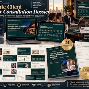 May include: A Private Client Buyer Consultation Dossier digital and print system featuring 24 widescreen slides and a 12-page print document. The dark green and gold materials include strategy briefings, worksheets, and acquisition process timelines.