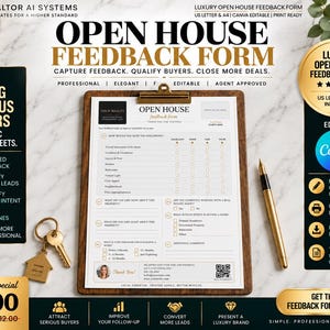 May include: A luxury open house feedback form template on a wooden clipboard with a gold pen and house-shaped keychain. The document features sections for property ratings, buyer intent, and contact information, with text including Open House Feedback Form.