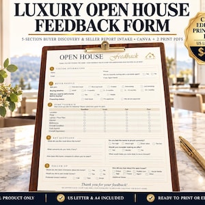 May include: A luxury open house feedback form on a wooden clipboard with a gold pen. The document features five sections for visitor information, buyer profile, home feedback, key questions, and follow-up, with text in English.