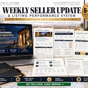 May include: A digital marketing kit for real estate professionals featuring a laptop displaying a weekly seller update, printed report pages, and a black notebook with a gold pen. The text includes Weekly Seller Update & Listing Performance System.