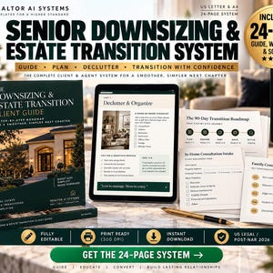 May include: A digital senior downsizing and estate transition system featuring a printed client guide, a tablet displaying a declutter and organize checklist, a 90-day transition roadmap, an intake form, and a family communication playbook.