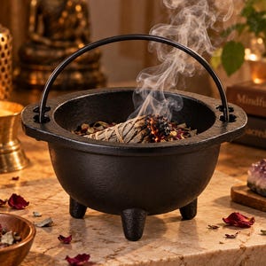 Puede incluir: Un caldero de hierro fundido negro con tres patas y un asa móvil. Dentro del caldero, un atado de salvia encendido emite volutas de humo blanco, rodeado de pétalos de flores secas y hierbas, sirviendo como recipiente para incienso.