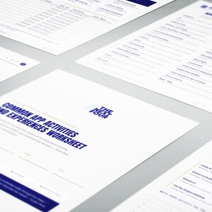 May include: A set of white printed worksheets titled The Next Four Common App Activities and Experiences Worksheet, featuring blue text and structured sections for listing extracurricular activities, organizational roles, and personal experiences.
