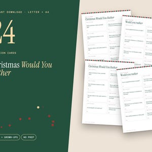 Puede incluir: Un conjunto de 24 tarjetas de preguntas navideñas Would You Rather presentadas en cuatro hojas blancas con un borde rojo y verde. El fondo verde oscuro muestra el texto: 24 QUESTION CARDS Christmas Would You Rather, INSTANT DOWNLOAD, LETTER + A4, KIDS + GROWN-UPS, NO PREP.