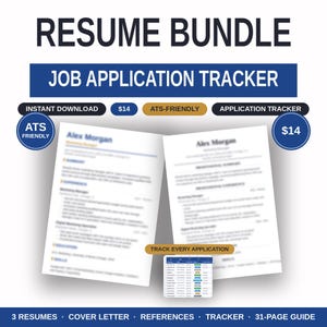May include: A digital resume bundle and job application tracker featuring two blurred resume templates, a spreadsheet tracker, and text labels including RESUME BUNDLE, JOB APPLICATION TRACKER, INSTANT DOWNLOAD, ATS-FRIENDLY, and TRACK EVERY APPLICATION.