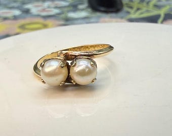 Vintage ESPO 10K Gold Filled Toi et Moi Bypass Pearl Ring Sz 8