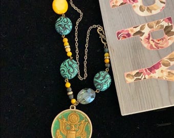 Adorned Crown Artisan Assemblage USA seal insignia resin bezel necklace