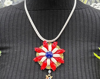 Adorned Crown Jewelry assemblage red white blue enamel flower Star necklace