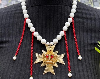 Adorned Crown Jewelry assemblage Maltese cross crown red rhinestone necklace