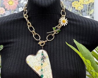 Adorned Crown Jewelry assemblage yellow rusty heart daisy flower necklace