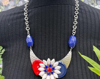 Adorned Crown Jewelry assemblage red white blue flower button bib necklace