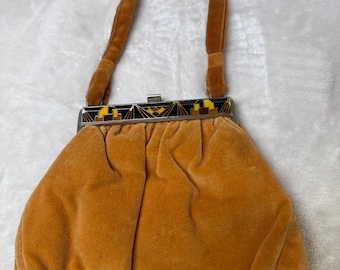 Vintage velour enamel inlay Carpetbags of America clutch shoulder bag mustard