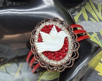 Adorned Crown Jewelry assemblage mother of pearl bird enamel cuff bracelet