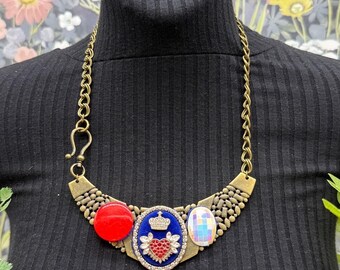Adorned Crown Jewelry assemblage red white blue rhinestone button bib necklace