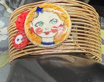 Adorned Crown Jewelry assemblage ceramic button patriotic girl cuff bracelet
