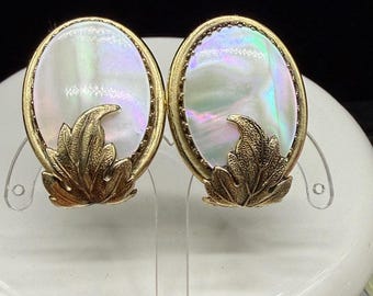 vintage Whiting & Davis clip-on earrings gold-tone metal frames abalone Shell