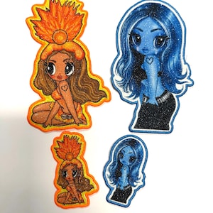 May include: Two large and two small embroidered patches featuring stylized characters. One character has brown hair, an orange outfit, and a flame-like headpiece. The other character has blue hair, blue skin, and black pants. Both have glittery details.