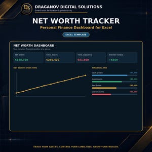 Puede incluir: Un panel de control digital Net Worth Tracker para Excel de Draganov Digital Solutions. La interfaz muestra métricas financieras que incluyen patrimonio neto, activos totales, pasivos, cambio mensual, un gráfico de líneas y un gráfico de barras de mezcla financiera.