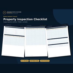May include: A digital rental property inspection checklist toolkit by Draganov Digital Solutions. The document features a 4-page fillable and printable workflow with 309 fillable fields, available in A4 and US Letter sizes for property management.