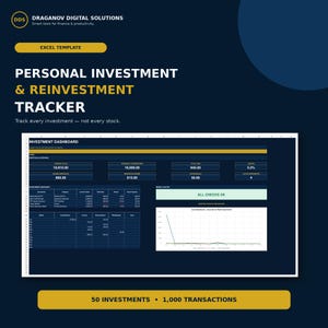 Op de afbeelding: Een digitaal Excel-sjabloon voor een persoonlijke investerings- en herinvesteringstracker van Draganov Digital Solutions. De interface toont een donkerblauw dashboard met gele accenten, inclusief portfoliogegevens, grafieken en een lijndiagram.
