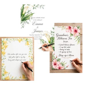 Puede incluir: Tres diseños de papelería con ilustraciones florales en acuarela. Uno muestra una invitación de boda para Emma y James con calas. Otro muestra un poema enmarcado por flores amarillas. El tercero es una receta de té de hibisco de la abuela.