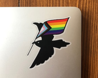 LGBTQ+ Pride Raven Die Cut Decal - Clear Vinyl Sticker Bird with Pride Flag