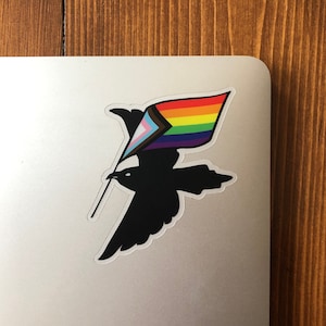 LGBTQ+ Pride Raven Die Cut Decal - Clear Vinyl Sticker Bird with Pride Flag