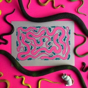 Mice and Snakes, Hiding and Hunting Small Risograph Art Print