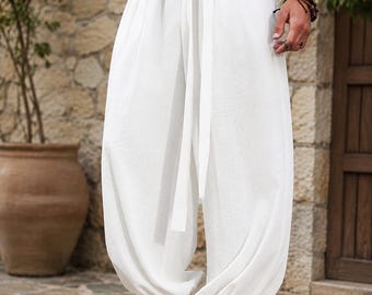 Men Cotton Harem Pants | Wide Leg Balloon Trousers with Elastic Waist | Pockets & Relaxed Fit