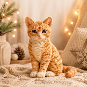 May include: A crocheted orange tabby cat figurine with dark eyes, a pink nose, and white chest fur. The cat is sitting upright with its tail curled forward. The text CrochetByCorley is printed at the bottom centre of the image.