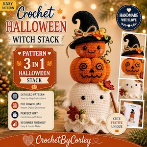 Può includere: Uno schema all'uncinetto per una pila di streghe di Halloween con un fantasma bianco, una zucca arancione con faccia da jack-o'-lantern e una zucca più piccola con un cappello da strega nero, foglie autunnali e un bottone in legno.