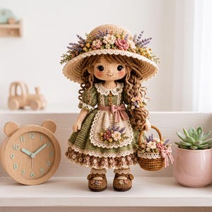 Könnte beinhalten: Eine gehäkelte Puppe mit langem braunen Haar trägt einen breitkrempigen Strohhut mit Blumenverzierung, ein grünes Kleid mit weißer Schürze und braune Schuhe. Die Puppe hält ein kleines geflochtenes Körbchen mit Blumen und lächelt.