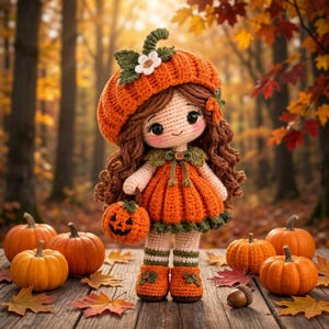 Puede incluir: Una muñeca de ganchillo con cabello castaño largo que lleva un sombrero naranja con forma de calabaza con una flor blanca y un vestido naranja a juego con ribete verde. La muñeca sostiene una pequeña calabaza de ganchillo y usa botas naranjas.
