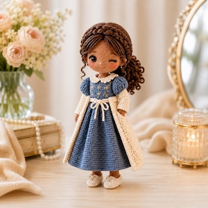 May include: A handcrafted crochet doll with brown hair styled in a braided updo, wearing a blue dress with a white collar and a white long-sleeved cardigan. The doll features a winking expression, rosy cheeks, and small white shoes.