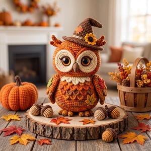 May include: A crocheted owl figurine wearing a brown witch hat with a sunflower accent. The owl has large dark eyes, a cream-coloured face, and orange and brown plumage. It is surrounded by crocheted pumpkins, acorns, and fabric autumn leaves.