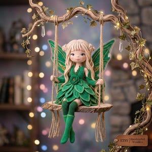 May include: A crocheted fairy doll with long blonde hair, wearing a green leaf-patterned dress and matching tall boots. The doll has large green wings and sits on a wooden swing suspended by twine. A small brown tag reads Etsy Handcrafted Wonders.