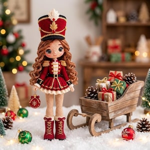 Può includere: Una bambola all'uncinetto vestita da soldatino schiaccianoci con uniforme rossa e bianca, cappello alto, lunghi capelli castani ondulati e grandi occhi. La bambola tiene un piccolo ornamento rosso accanto a una slitta in legno piena di regali.