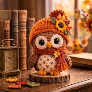 Può includere: Una statuetta di gufo all'uncinetto che indossa un cappello arancione decorato con un girasole e foglie autunnali, e una sciarpa arancione abbinata. Il gufo ha grandi occhi neri, un piccolo becco arancione e una pancia color crema con motivi a V.