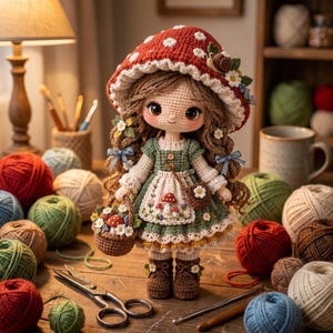 May include: A crocheted doll with long brown hair wearing a red mushroom-patterned hat, a green dress with a white apron featuring mushroom embroidery, and brown boots. The doll holds a small basket of mushrooms and has a small brown bag.