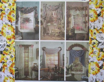 May include: A set of six window treatment ideas featuring different styles of valances and swags. The valances are made of various fabrics, including lace, sheer, and patterned fabrics. The swags are made of a solid fabric and are draped over the window in a decorative way.