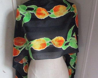 Vintage 1990s scarf Symphony Scarves partially sheer polyester black with abstract tulips floral flowers 13 x 61 inches